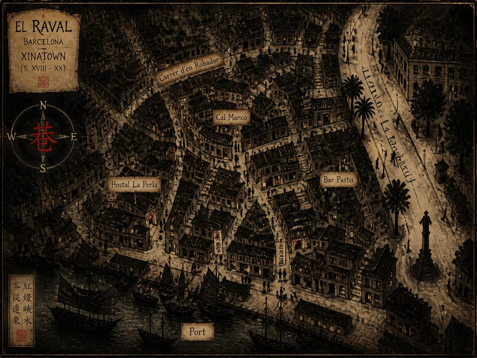 Mapa ilustrado del Barrio Chino de Barcelona con las localizaciones del archivo